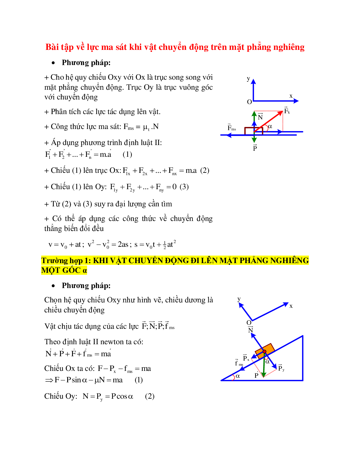 Các công thức chuyển động trên mặt phẳng nghiêng