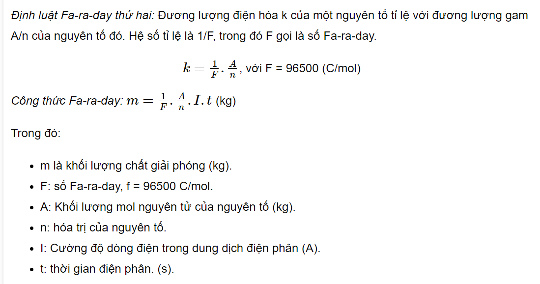 Công thức điện phân các chất điển hình