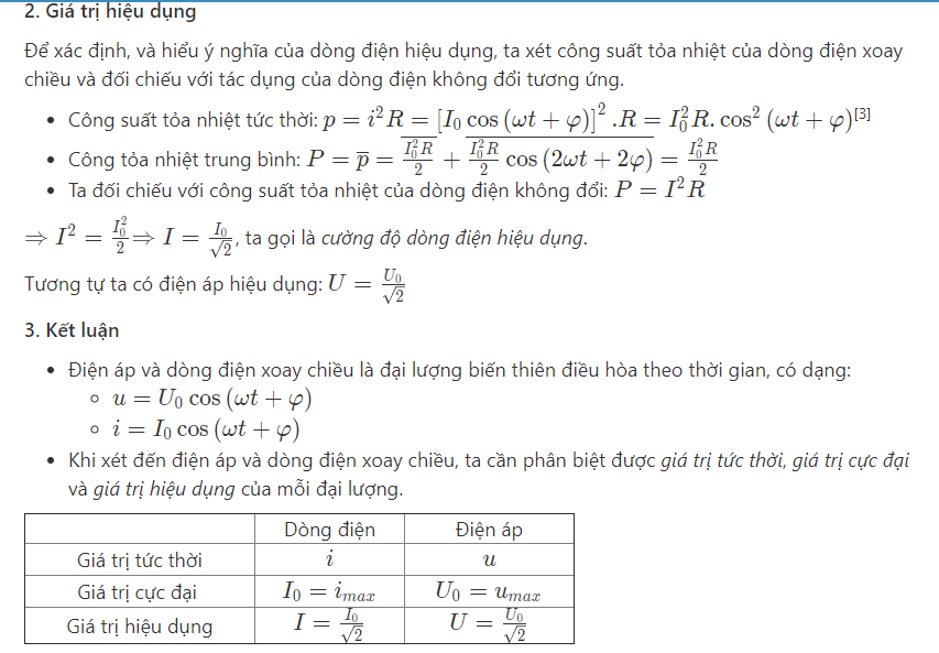 Công thức tính cường độ dòng điện hiệu dụng