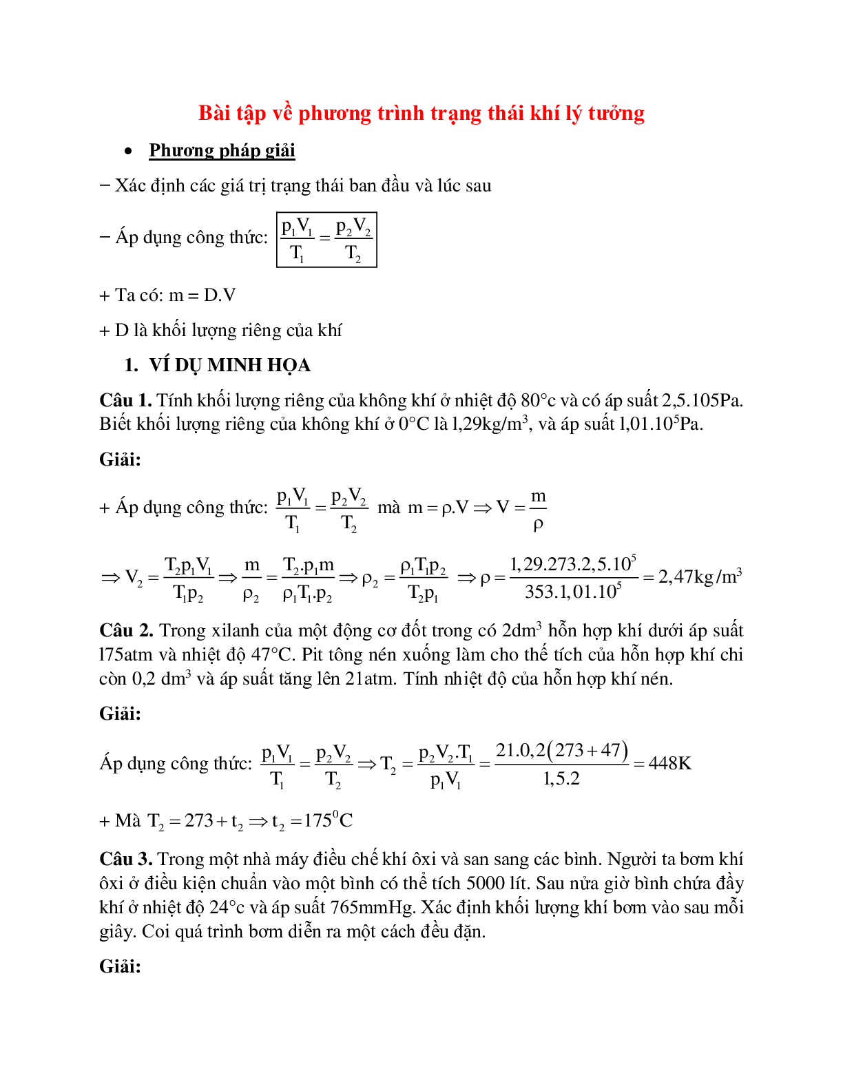 Hướng dẫn giải bài tập về khí lý tưởng