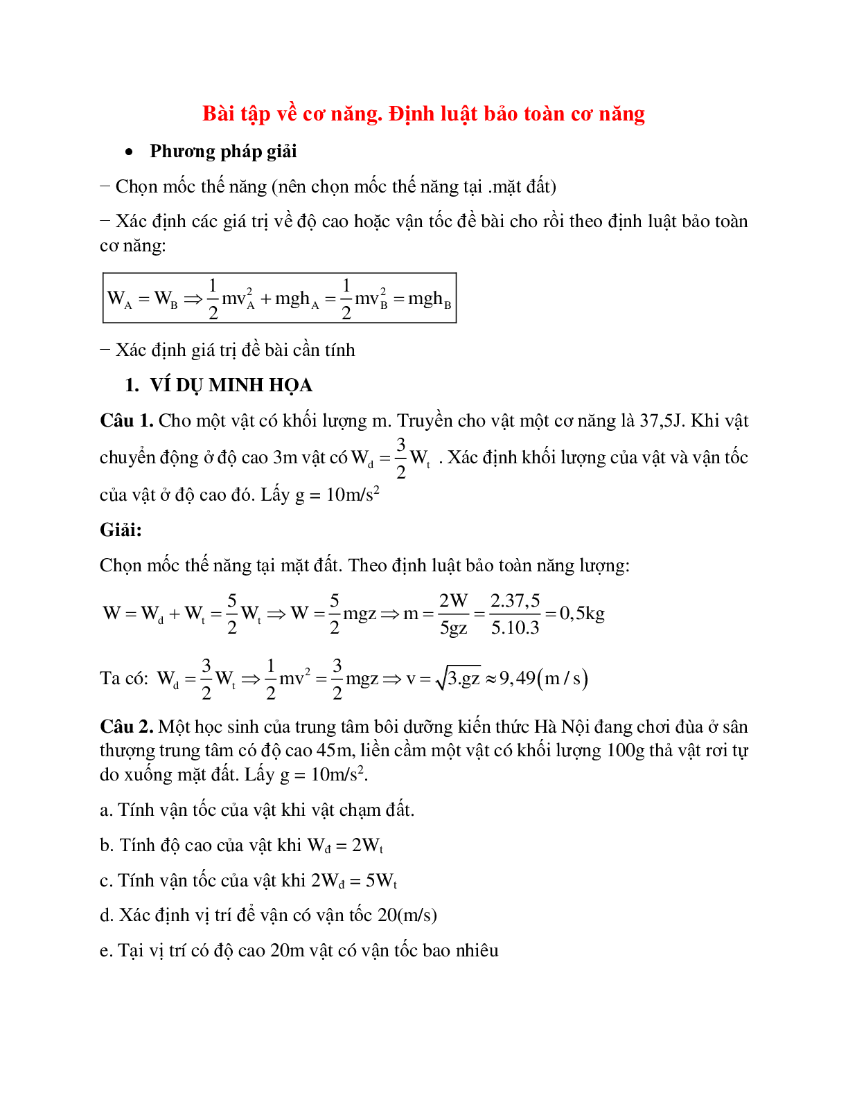 Phương pháp giải bài tập về bảo toàn cơ năng