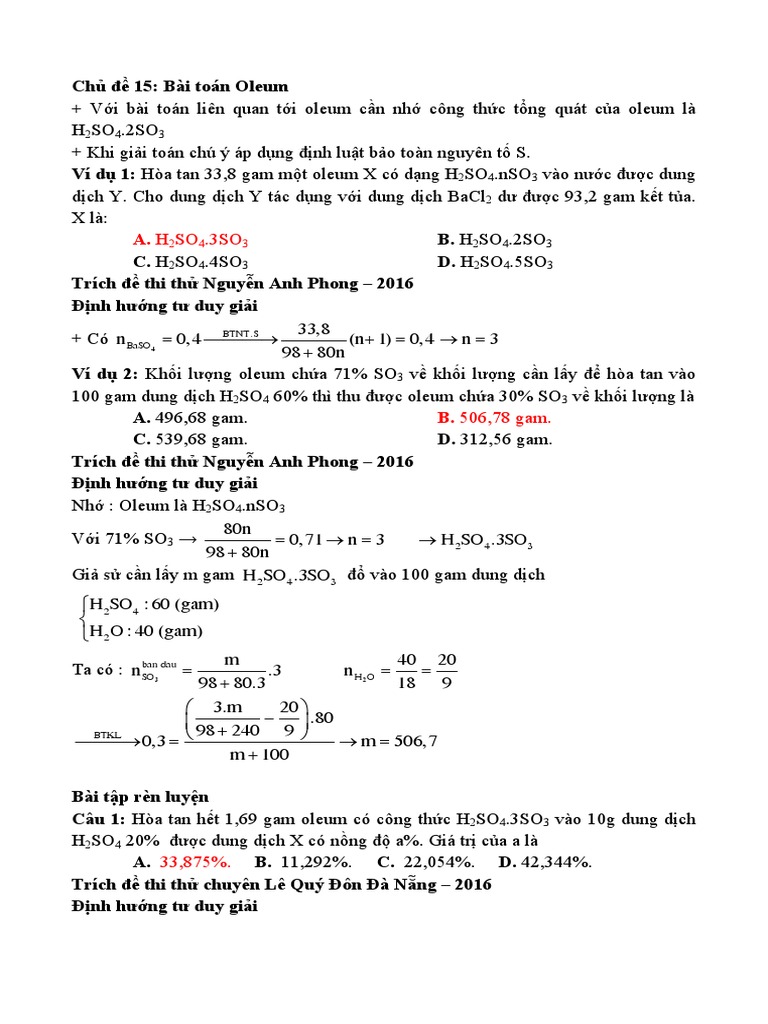 Bài tập và phương pháp giải về oleum